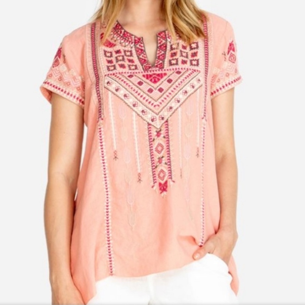 ⭐️NWT!⭐️Johnny Was Sabriya Boho Embroidered Peach Linen Drape Top Sz S $250 Rtl